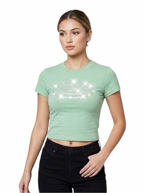 Von Dutch Rhinestone Logo Baby Tee in Sage Green NWT Size Small